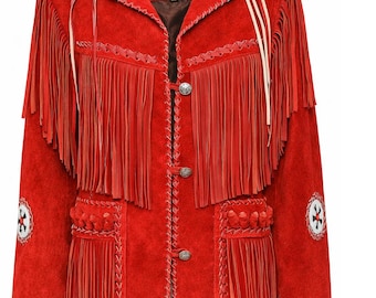 Women's Western Fringe Suede Leather Jacket – Native Style Cowgirl Rodeo Coat with beaded Epaulettes