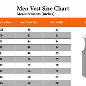 May include: A men's vest size chart with measurements in inches. The chart includes chest size, vest length, and corresponding sizes from XXS to 5XL. A diagram illustrates how to measure shoulder, chest, and length.