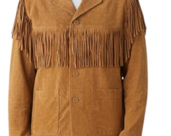 Men's Western Fringe Suede Leather Jacket – Native Style Cowboy Rodeo Coat