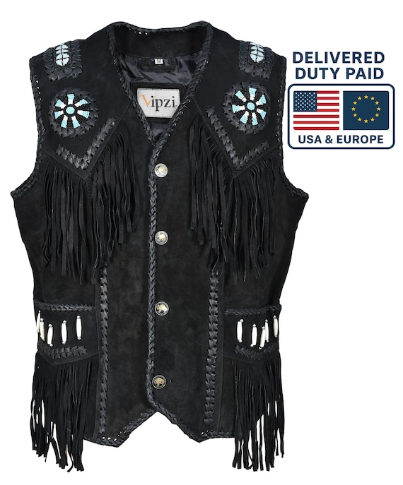Handmade Men's Black Suede Western Vest: Cowboy Beaded Fringe