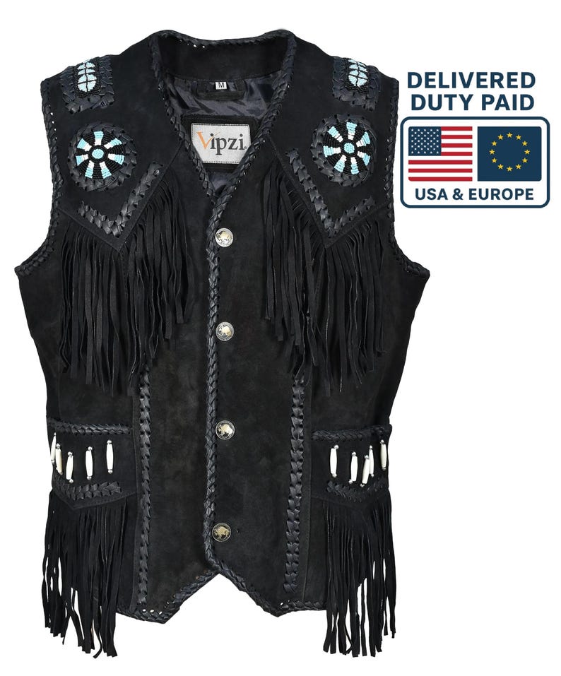 May include: Black suede vest with fringe, decorative beading, and silver-tone buttons. The vest features a classic western design with intricate stitching and a V-neck. The vest has a label that says "Vipzi".