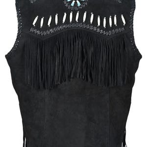May include: Black suede vest with fringe and decorative beadwork. The vest features a fringed hem and back, with white and turquoise beads. The shoulders have decorative beadwork. The vest is a classic western style.