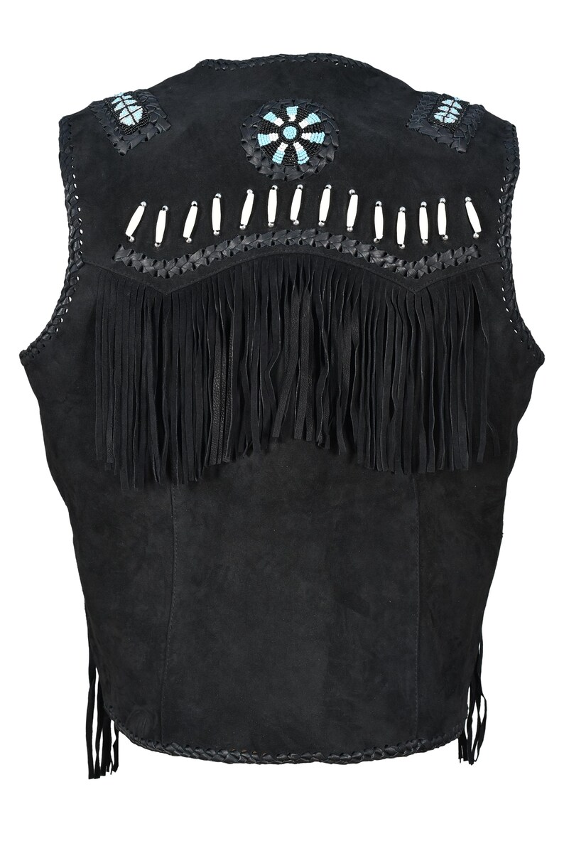 May include: Black suede vest with fringe and decorative beadwork. The vest features a fringed hem and back, with white and turquoise beads. The shoulders have decorative beadwork. The vest is a classic western style.