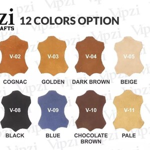 May include: Image showcasing 12 color options of leather swatches. Colors include brown, cognac, golden, dark brown, beige, turquoise, red, black, blue, chocolate brown, pale, and reddish brown. The brand name "Vipzi Crafts" is at the top.