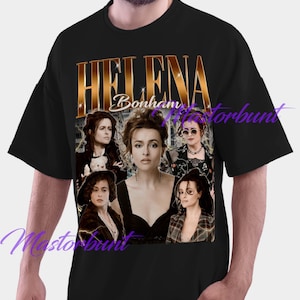May include: Black t-shirt featuring a collage of images of Helena Bonham Carter, with the name "Helena Bonham" in gold lettering. The design includes multiple portraits of the actress in various poses and outfits.