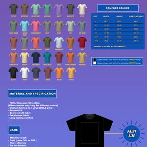 May include: A product image showcasing a variety of t-shirt colors, including black, white, and denim. The image includes a size chart with measurements in inches, fabric specifications, and care instructions. The brand name "MASTORBUNT" is displayed at the top.