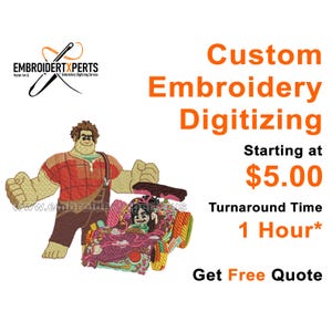 May include: Custom embroidery digitizing service with a starting price of $5.00 and a turnaround time of 1 hour. The image shows a cartoon character from the movie Wreck-It Ralph, standing next to a race car.