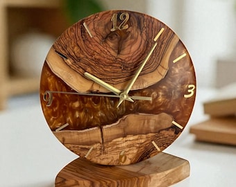 Handmade Olive Wood & Epoxy Resin Desk Clock: Rustic Home Decor, Amber - Honey Color