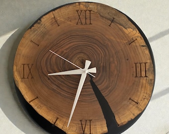 Handcrafted Walnut Wood & Black Epoxy Resin Wall Clock, Handmade Wooden Clock, Modern Luxury Decor (35cm)