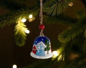 Christmas Bell Ornament, Wall and Tree Hanging Decor, Winter Themed Ceramic Xmas Decoration, Holiday Gift