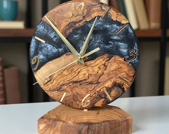 Handmade Olive Wood & Epoxy Resin Desk Clock: Black Home Decor