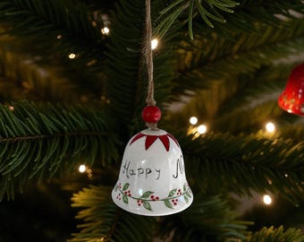 Christmas Bell Ornament, Wall and Tree Hanging Decor, Hand-painted Ceramic Xmas Decoration, Holiday Gift