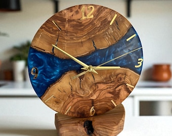 Handmade Olive Wood & Epoxy Resin Desk Clock: Rustic Home Decor, Navy Blue