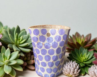 Handmade Ceramic Tumbler: Purple Polka Dot Pottery Sippy Cup, Smoothie - Cocktail Glass