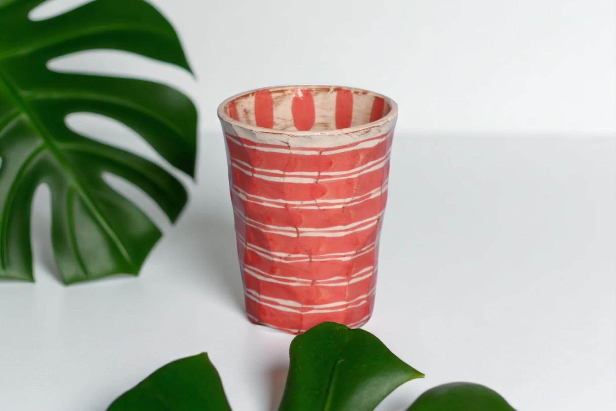 Handmade Pink Striped Ceramic Tumbler: Artisan Pottery Cup, Water - Iced Coffee Glass