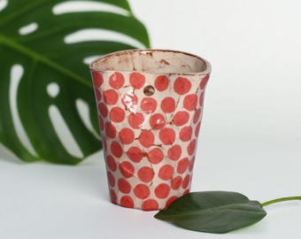 Handmade Ceramic Tumbler: Pink Polka Dot Pottery Sippy Cup, Smoothie - Iced Coffee - Cocktail Glass