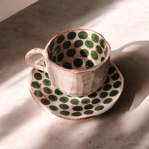 Handmade Green Ceramic Mug & Saucer Set: Polka Dot Pottery, Tea - Coffee Cup