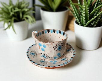 Handmade Ceramic Coffee Mug Set: Blue Evil Eye Pottery, Tea Cup