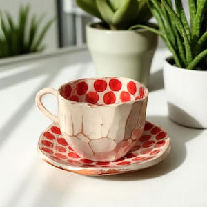 Handmade Red Ceramic Mug and Saucer Set: Polka Dot Pottery, Tea Cup