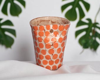 Handmade Ceramic Tumbler: Orange Polka Dot Pottery Sippy Cup, Smoothie - Cocktail Glass