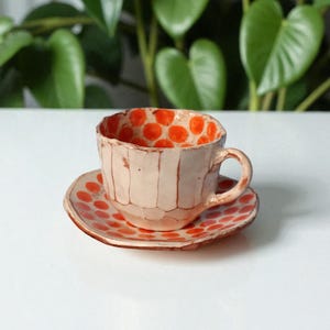 Handmade orange ceramic coffee mug, tea cup and saucer set, ceramic coffee cup, pottery, handcrafted ceramic gifts, birthday present