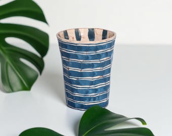 Handmade Ceramic Tumbler: Blue Striped Pottery Cup - Artisan Drinkware, Water - Iced Coffee Glass