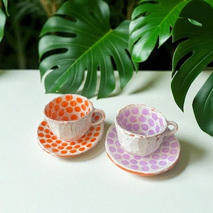 Handmade ceramic orange and purple coffee mug set for two, 4 pieces tea cup and saucer set, ceramic coffee cups, handcrafted ceramic gifts