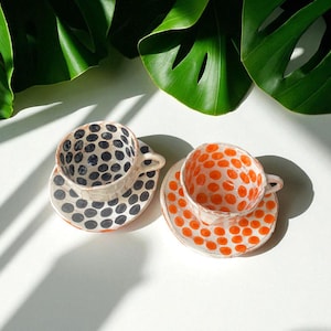 Handmade ceramic orange and black coffee mug set for two, 4 pieces tea cup and saucer set, ceramic coffee cups, handcrafted ceramic gifts