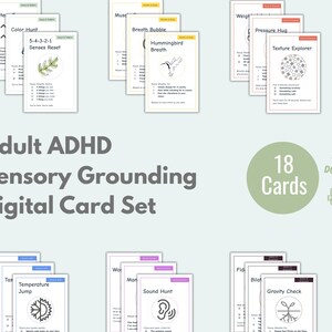 Puede incluir: Un juego de tarjetas digitales para Adult ADHD Sensory Grounding, con 18 tarjetas. Las tarjetas tienen varias ilustraciones y títulos, incluyendo "Color Hunt", "Hummingbird Breath" y "Texture Explorer". Descarga instantánea disponible en PNG y PDF.