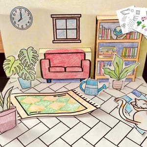 Printable Miniature Pop-Up Room | DIY Paper Craft | Cozy Living Room Scene | Kids Adult Craft | Coloring Pre-Colored PDF PNG