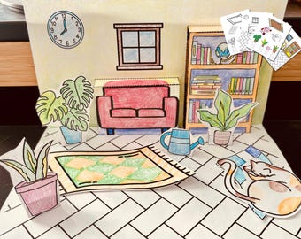 Printable Miniature Room: DIY Paper Craft Cozy Living Room (PDF & PNG)