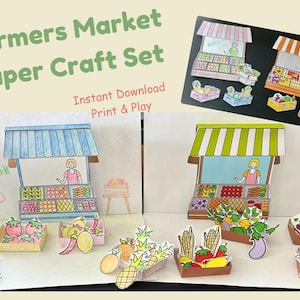 May include: A printable paper craft set for kids to create a farmers market. The set includes two market stalls, produce, and a vendor. The text on the image reads "Farmers Market Paper Craft Set, Instant Download, Print & Play".