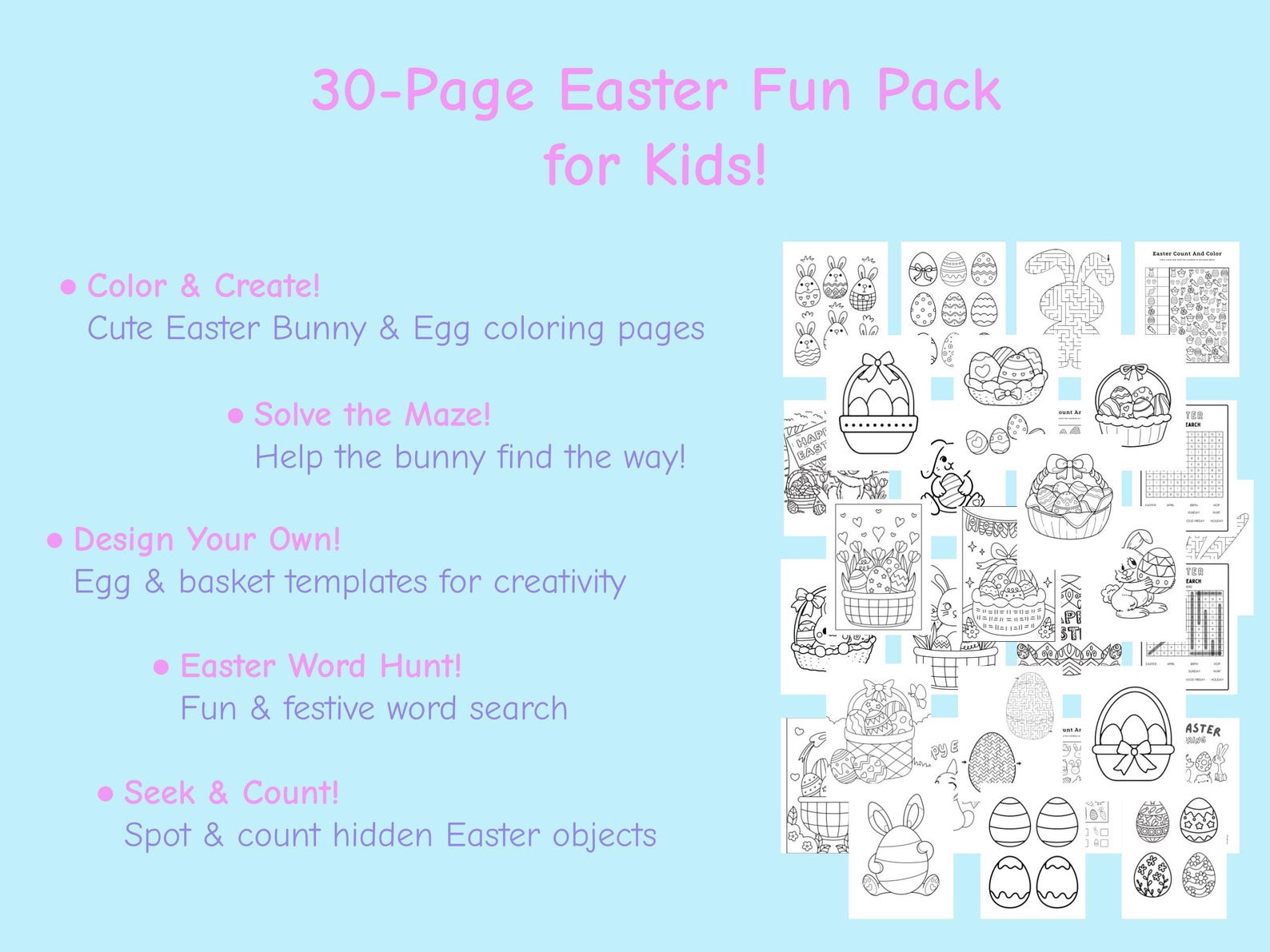 Easter Activity Pack for Kids - 30 Pages Printable Games Coloring - Fun ...