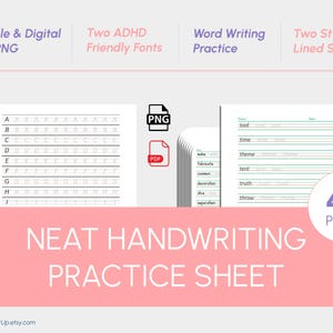 May include: A printable and digital handwriting practice sheet with 42 pages. The sheet features two styles of lined paper and a section for practicing writing letters of the alphabet. The sheet is designed to help improve handwriting and is ideal for children and adults.