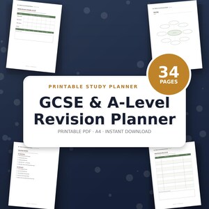 Puede incluir: Un conjunto de planificador de estudios imprimible de 34 páginas para revisiones de GCSE y A-Level. La etiqueta rectangular blanca central muestra el texto GCSE & A-Level Revision Planner, Printable Study Planner, Printable PDF, A4, Instant Download.