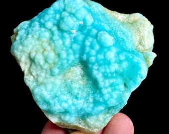 Op de afbeelding: Een levendig, natuurlijk mineraal specimen met een opvallende turquoise tint. Het oppervlak is getextureerd met kleine, afgeronde formaties, waardoor een bubbelachtig uiterlijk ontstaat. Het mineraal staat tegen een zwarte achtergrond.