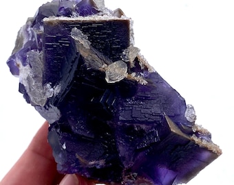 Campione di fluorite blu intenso con calcite, minerale pakistano