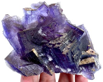 Fluorita cúbica fantasma azul con calcita, muestra mineral de Pakistán