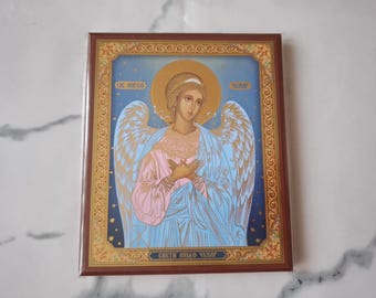 Icono religioso serbio de la oración cristiana ortodoxa oriental con la figura de un ángel.
