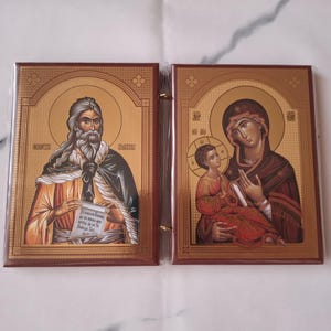 Serbian Orthodox Diptych Praying Icon Of Virgin Mary with Jesus Christ and St Elijah