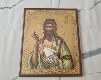 Große Handgemachte Serbisch-Orthodoxe betende Ikone des Heiligen Johannes des Täufers