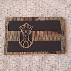 Puede incluir: Un parche rectangular con un patrón de camuflaje y un fondo gris oscuro. Un emblema decorativo con una corona y un escudo está centrado en el parche. El parche es probablemente para uso militar o táctico.
