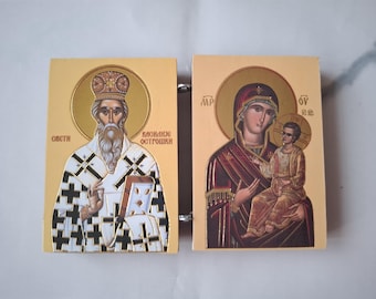 Serbian Orthodox Diptych Praying Icon Of Virgin Mary with Jesus Christ and St Vasili
