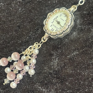 Necklace Watch - Pink Cat's Eye & Crystal Beaded Lariat - Vintage Style Tassel Pendant Watch - Plus Size Friendly Gift for Her