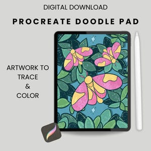 May include: Digital download Procreate Doodle Pad with artwork of pink and yellow butterflies on a blue background with green leaves. Includes the text "Artwork to Trace & Color". A white stylus and Procreate app icon are also visible.