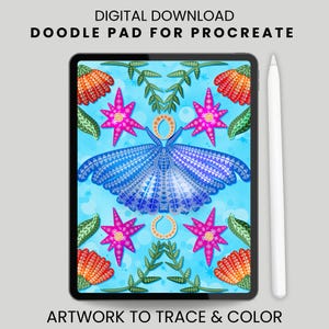 May include: A digital download of a doodle pad for Procreate. The tablet displays a colorful design with a blue butterfly, pink stars, and orange flowers. The text reads "Artwork to Trace & Color". A white stylus is next to the tablet.