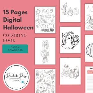 以下が含まれることがあります： 15ページのデジタルハロウィーンぬりえ。表紙には「15 Pages Digital Halloween Coloring Book Digital Download」と書かれています。カボチャ、幽霊、魔女など、ハロウィーンをテーマにした様々なイラストが収録されています。