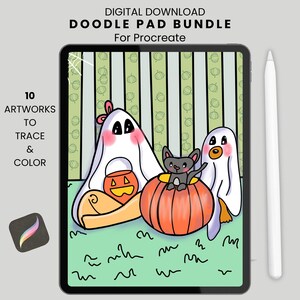 Spooky Cute Procreate Coloring Pages |Fall Trace and Lettering Sheets | Tools to Practice Drawing | Brush and Color Palettes Included
