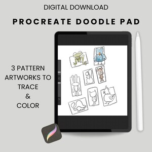 May include: A digital download image featuring a black tablet with a white stylus. The tablet displays animal drawings for tracing and coloring. Text on the image reads "DIGITAL DOWNLOAD PROCREATE DOODLE PAD" and "3 PATTERN ARTWORKS TO TRACE & COLOR."