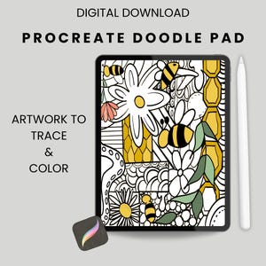 May include: A digital download Procreate doodle pad with a black and white floral and bee design. The text "DIGITAL DOWNLOAD" and "PROCREATE DOODLE PAD" are at the top. The text "ARTWORK TO TRACE & COLOR" is on the left.
